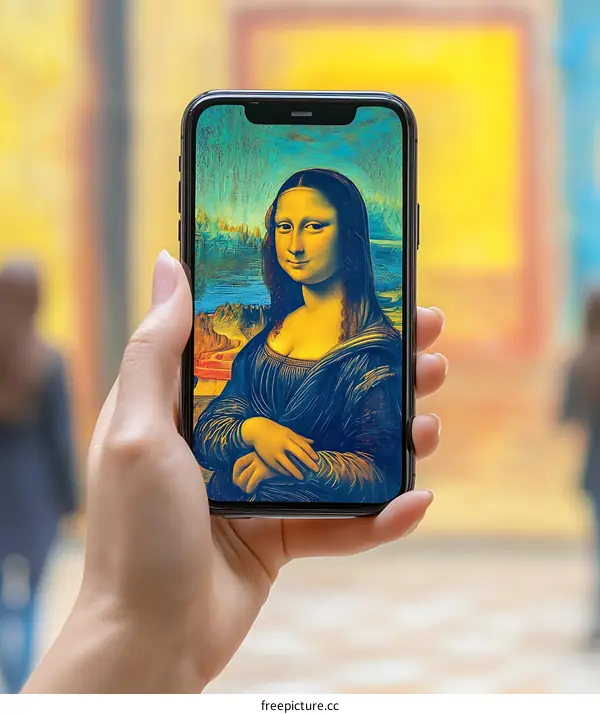 Woman Holding Smartphone Showing Mona Lisa