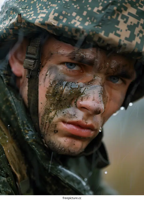 Portrait of a young soldier with camouflage on his face