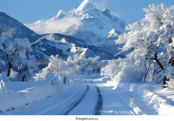 Snowy mountain road in winter
