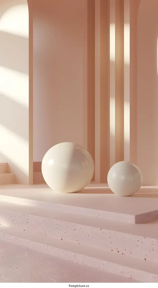 Minimalist Abstract 3D Rendering of Two Spheres on Steps in a Pink Room with Arches and Sunlight
