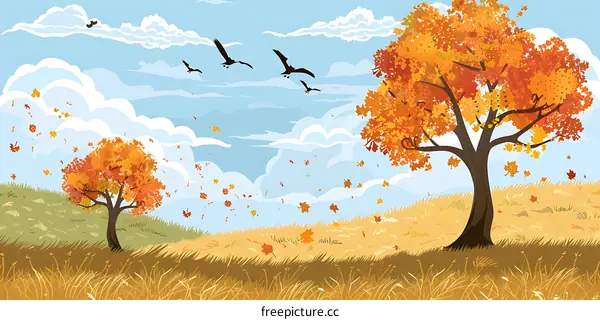 Autumn Landscape with Falling Leaves and Birds