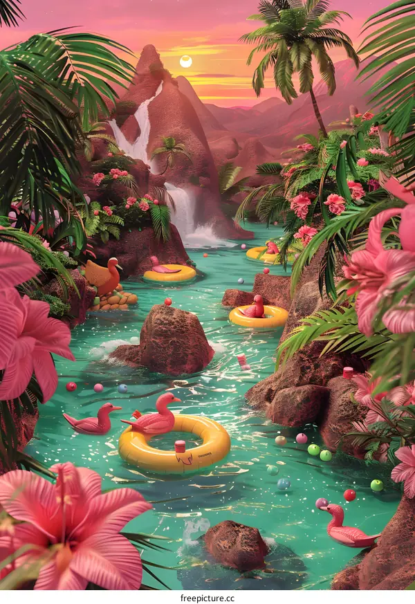 Pink Flamingo Floaties in Tropical Paradise
