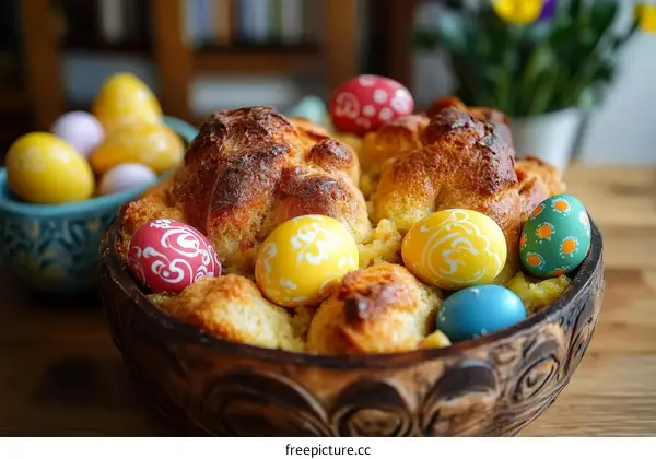 Easter Bread Pudding with Decorated Eggs
