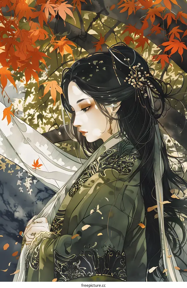 Beautiful Woman in Green Dress with Red Leaves