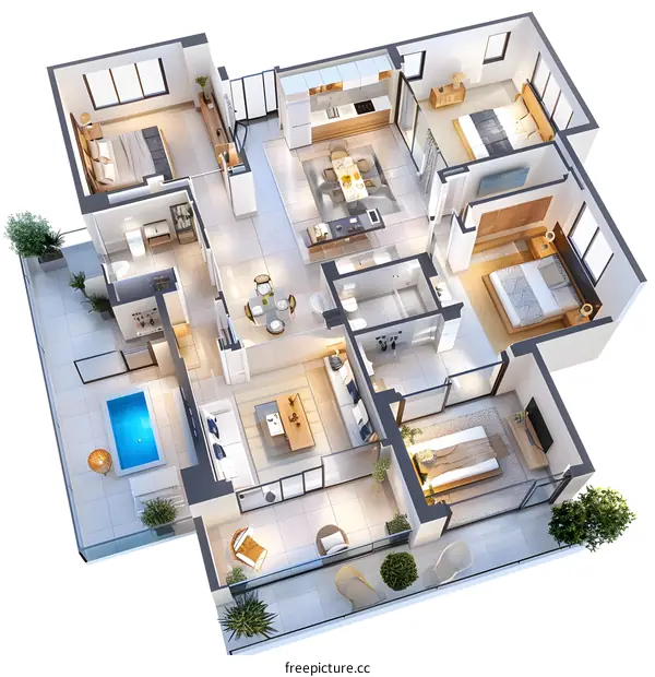 Top View Floor Plan of Modern Apartment with Pool and Balcony