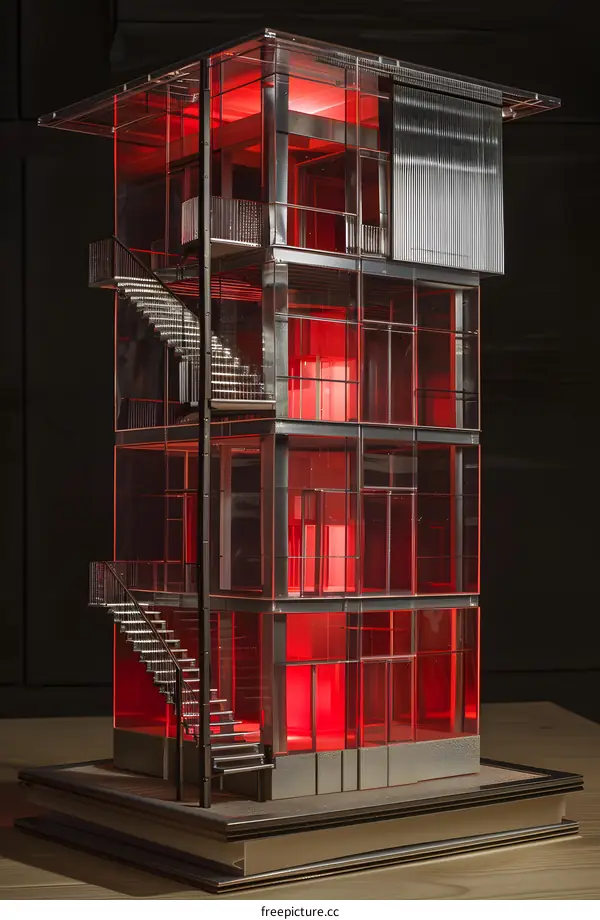 Glass Building Model with Red Light