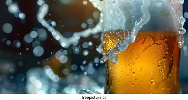 Close Up of Beer with Foam Splashing