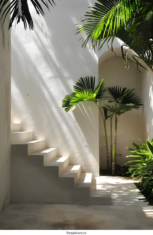 White Wall Staircase with Palm Trees and Sun Light