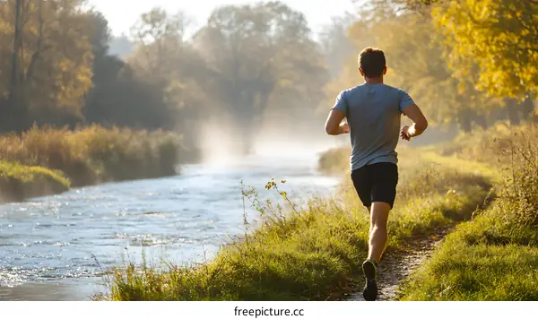 Man Running Along River in Autumn