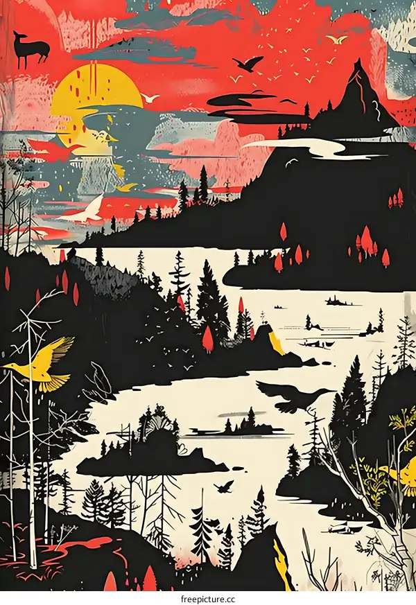 Abstract Illustration of a Forest Landscape with Birds and Mountains
