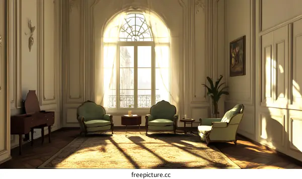 Elegant Living Room with Sunbeams Streaming Through French Windows