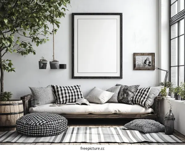 Rustic Living Room Mockup with Blank Frame