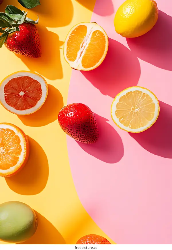 Fresh Fruits On A Pink And Yellow Background