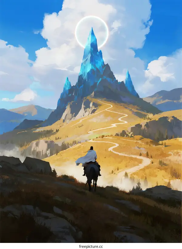 A Lone Rider Approaching a Majestic Crystal Mountain Under Cloudy Sky