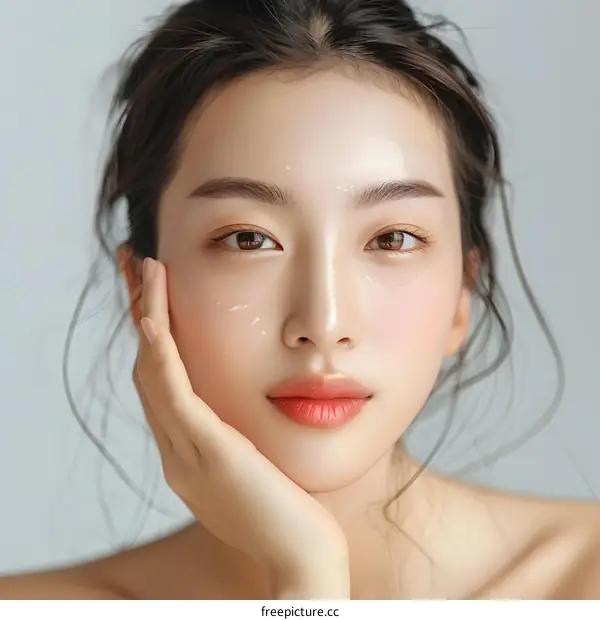 Beautiful Asian Woman with Smooth Skin and Glossy Makeup