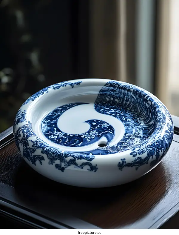 Blue and White Porcelain Tea Tray with Wave Pattern