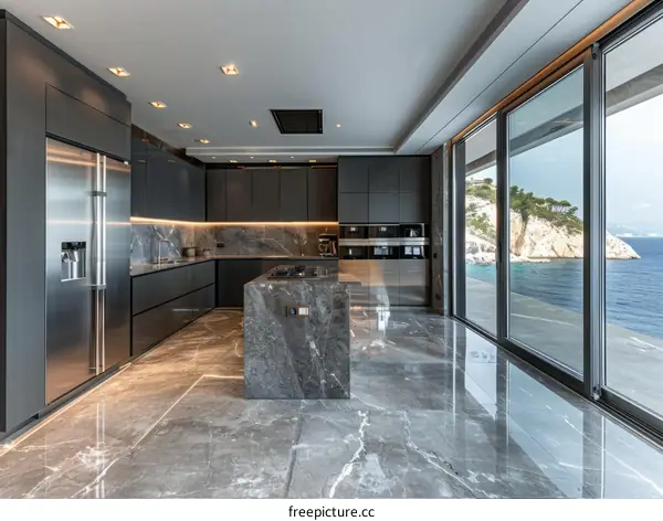 Modern minimalist kitchen with large windows overlooking the sea