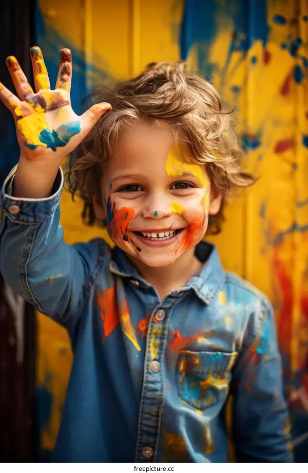 Toddler boy covered in colorful paint smiling with his hand up