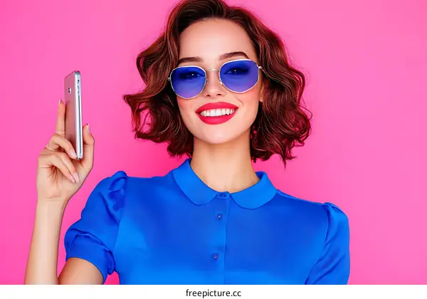 Stylish Woman Presenting Smartphone in Vibrant Pink Background