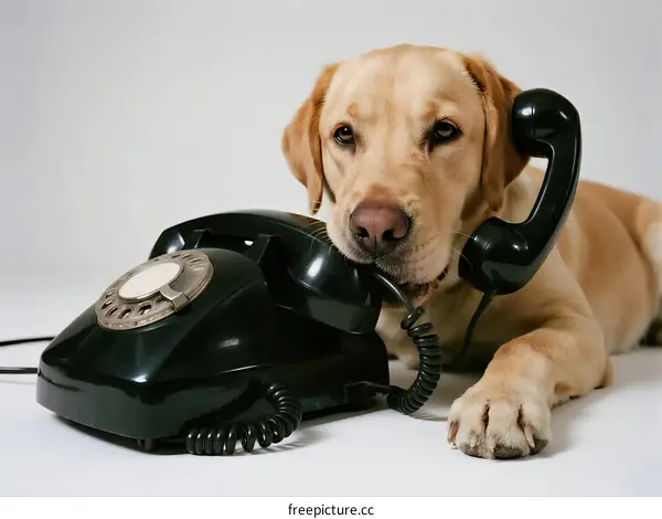 A golden retriever dog with an old-fashioned black telephone