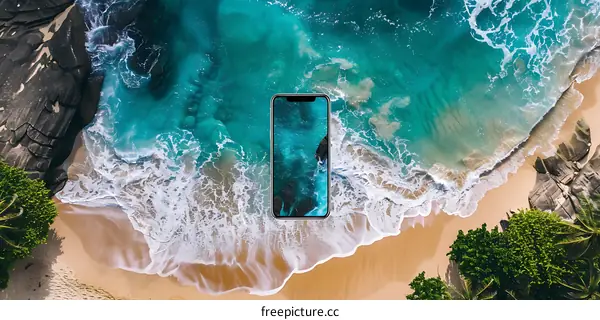 Aerial View of a Beach with a Phone in the Middle