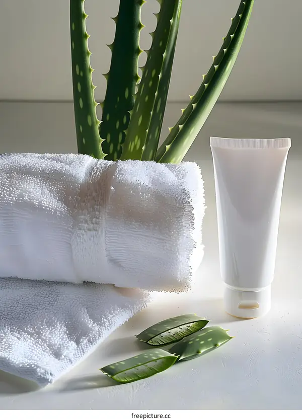 Aloe Vera Plant with Towel and Cream Tube for Skincare