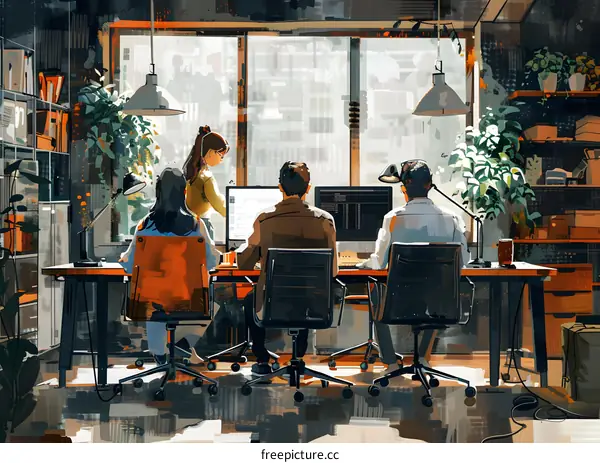 Illustration of a group of diverse people working together in a creative office space