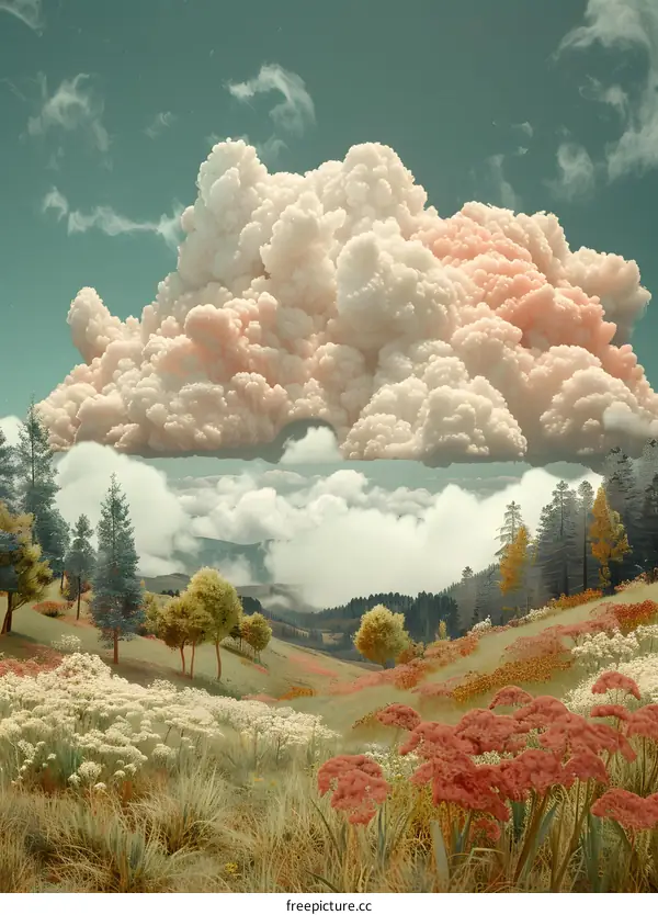 Fluffy clouds over a lush green valley