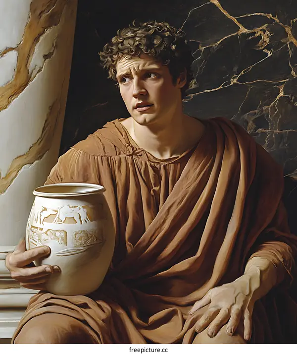 Young Man Holding a Pot with Reliefs