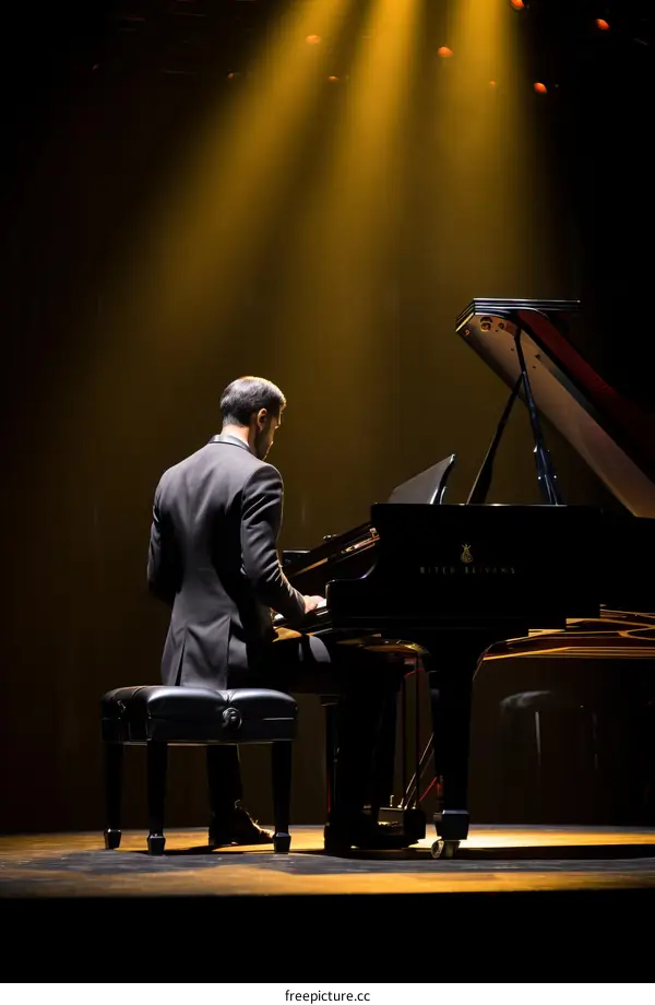 Man playing piano on stage with spotlight
