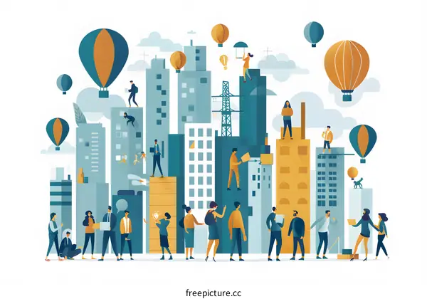 Cityscape Illustration With People Working And Relaxing In The City