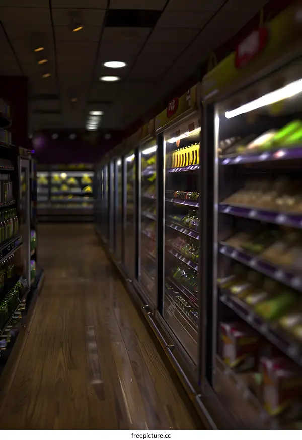Empty Supermarket Aisle with Refrigerated Food Displays