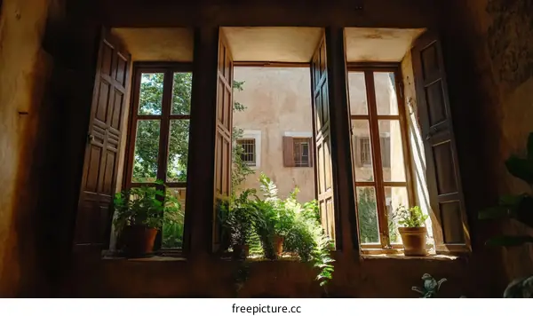 Vintage Courtyard Windows with Lush Plants