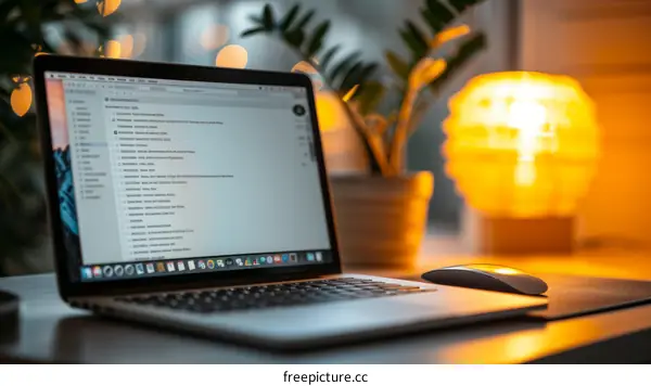 A desk with a laptop, a mouse, a lamp, and a plant on it