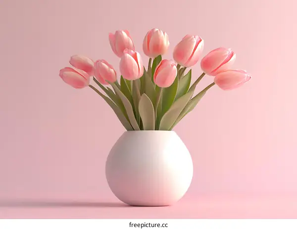 Pink Tulips in White Vase on Pink Background