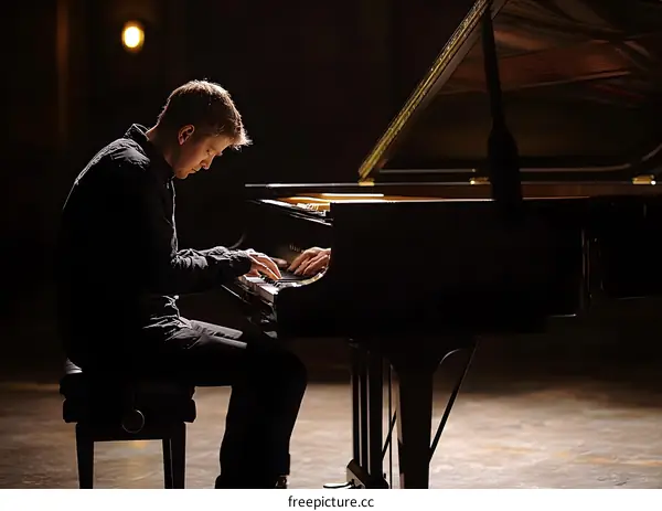 Man Playing Piano in Concert Hall