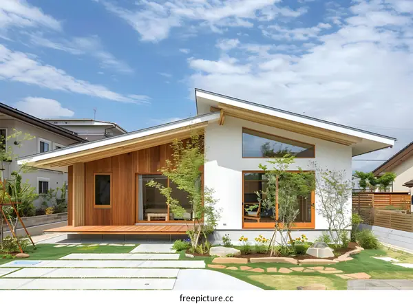 Modern Wooden House with a Large Deck and a Beautiful Garden