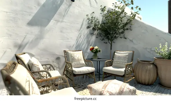 Cozy Patio with Rattan Chairs and Cushions