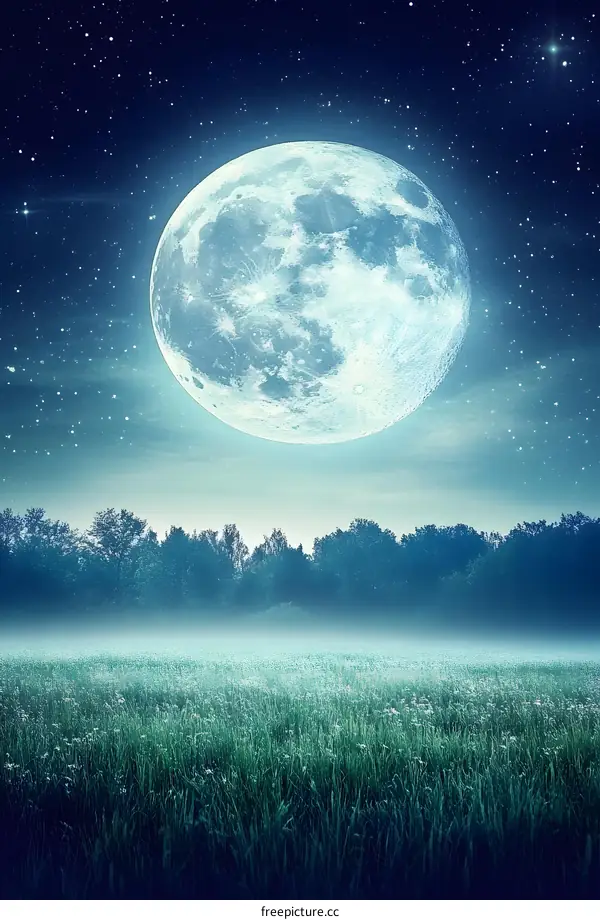 Full Moon Night Sky Over Green Grass Field