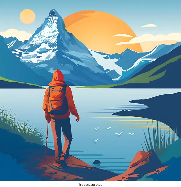 Man with Backpack Hiking Towards Majestic Mountain Peak