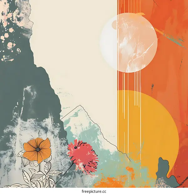 Abstract Mountain Landscape With Sun And Flowers