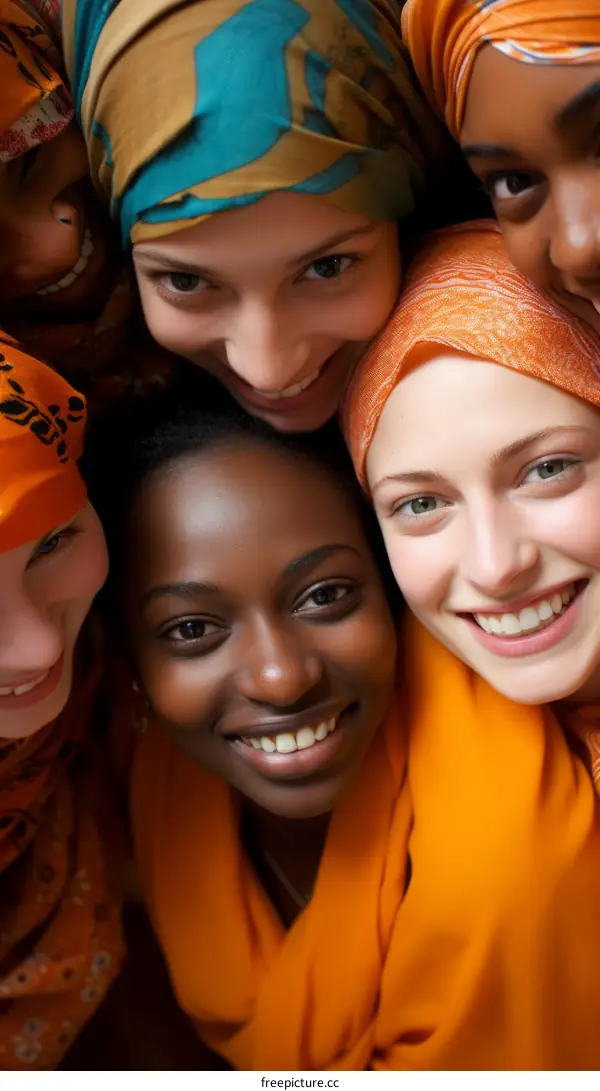 A group of women of color wearing headscarves are smiling at the camera.