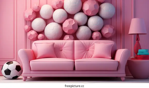 Pink sofa in front of pink wall with geometric shapes