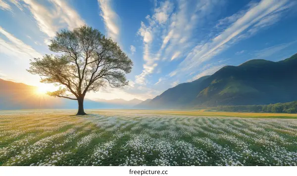 Sunrise over a Field of Flowers and Mountains