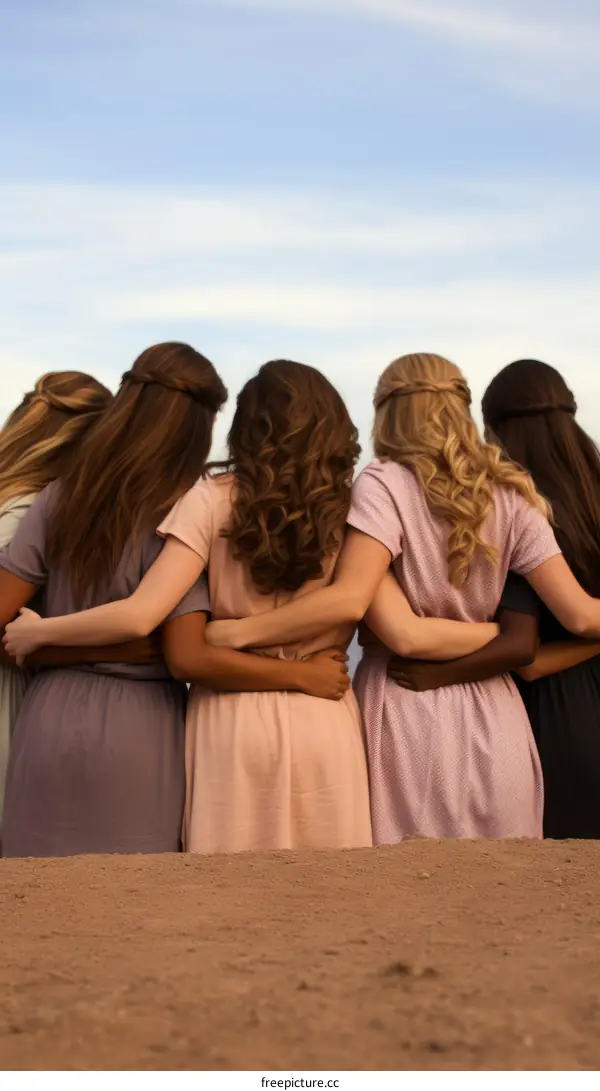 five women of different ethnicities embracing each other