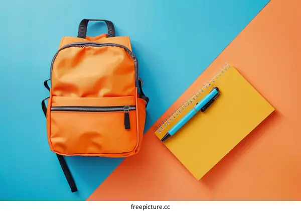 Orange backpack and school supplies on blue and orange background