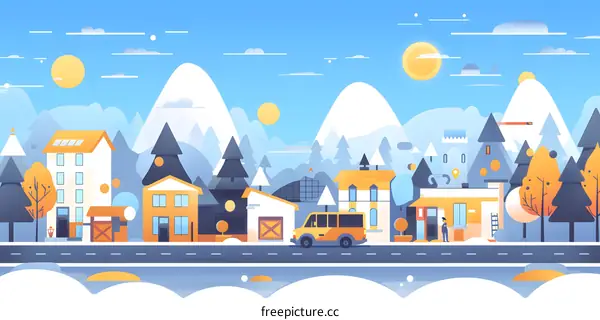 Winter Landscape With Small Town And Van