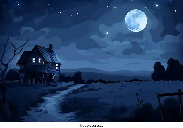Night Sky with a House and Full Moon