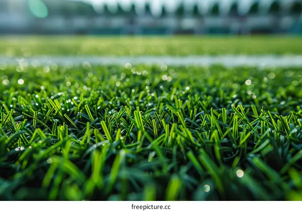 Close-up of green artificial grass texture background with white line marking