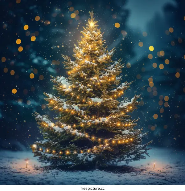 A beautiful Christmas tree covered in snow with a glowing star on top and a snowy ground with candles in the front